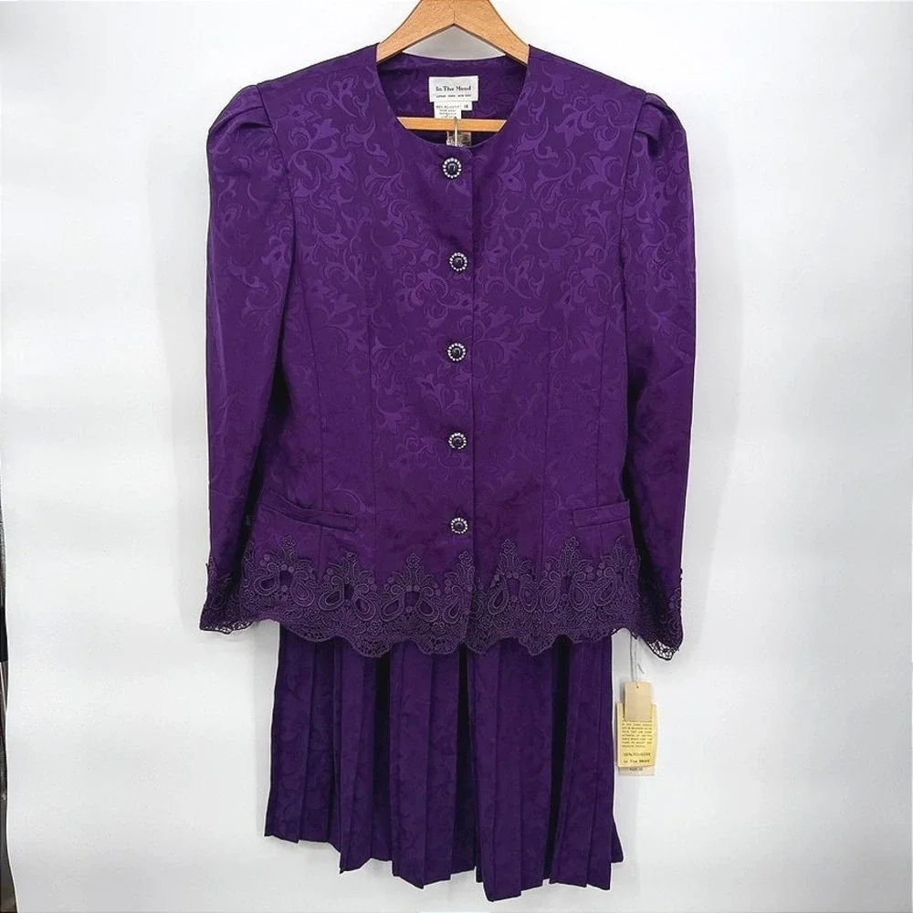 In The Mood Skirt Suit SET Purple Jacquard Lace Trim VTG 2 Piece NEW Size 14**